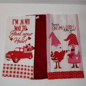 Kitchen Towels, set of 3, Valentine's Day, Flour Sack Tea Towel, Red Heart Gnome